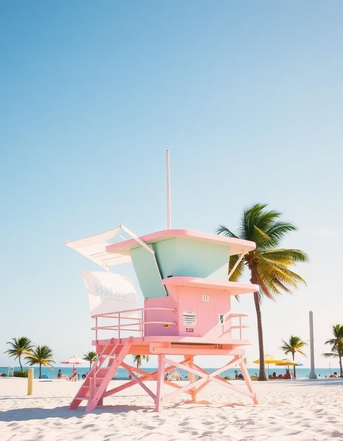Miami Beach lifeguard tower at sunset with palm trees and skyline